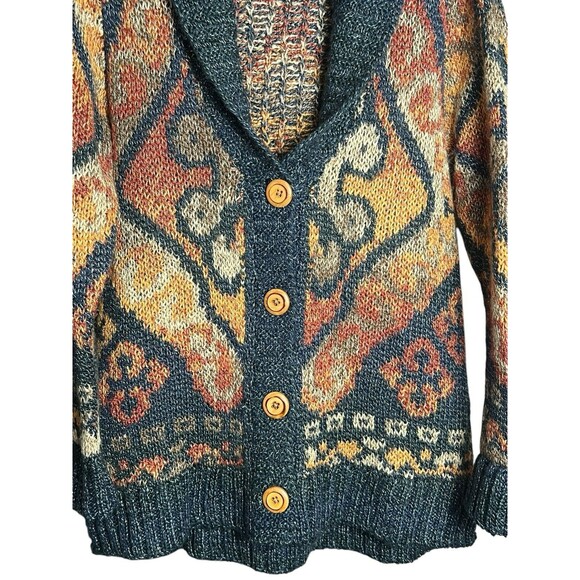 J. Jill Wool Blend Long Cardigan Sweater Shawl Collar Southwest Blue Orange XS - Picture 3 of 12